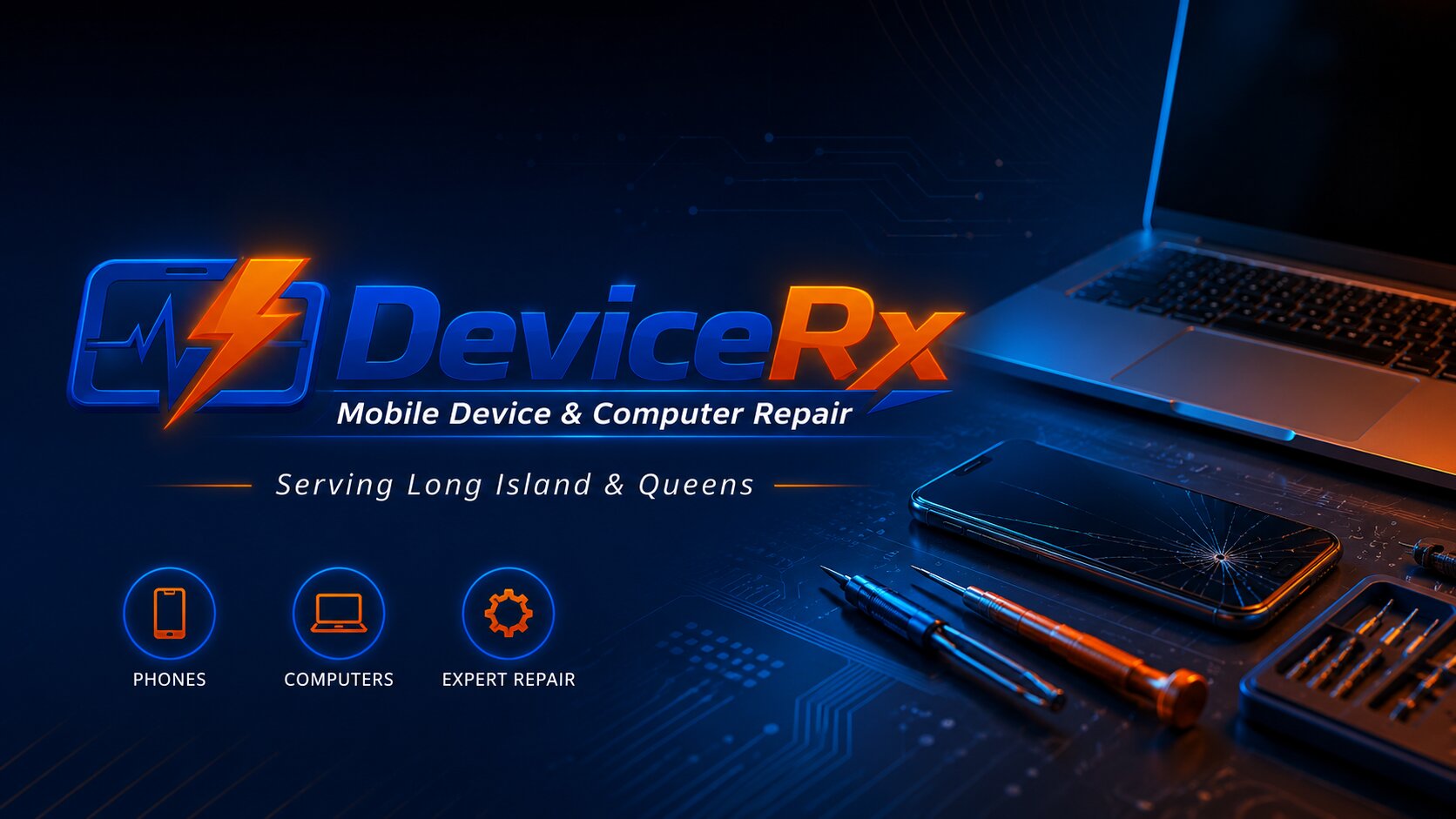 DeviceRx technician's bench with a laptop and phone being repaired